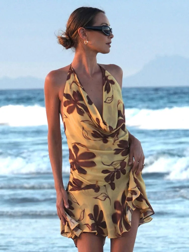 Mozision Halter Print Sexy Mini Dress For Women Robe Elegant Deep V Neck Sleeveless Backless Ruffled High Waist Beach Dress