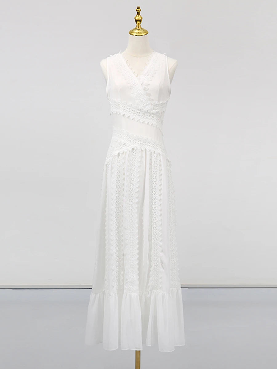 White Spliced Lace Minimalist Dresses for Women V Neck Sleeveless Temperamnet Long Dress Female Fashion Clothes New WHITE