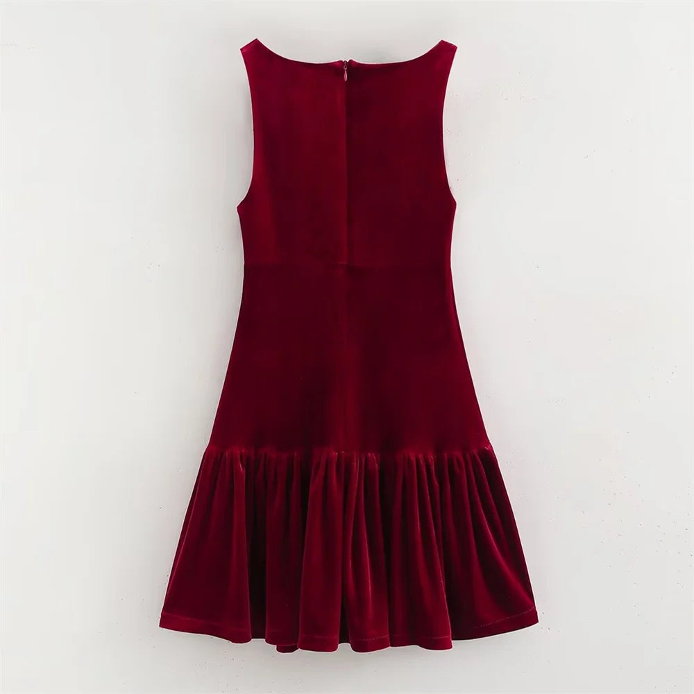 UNIZERA Retro Style Bow Tie Velvet Dress Winter New Round Neck Sleeveless Solid Color Slimming Short Skirt