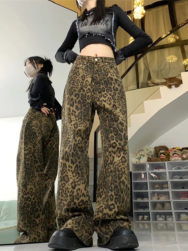 Woman Vintage Leopard Jeans Spring Autumn Simple Casual Oversize Wide Leg Trousers Streetwear Hip Hop Female Loose Pants