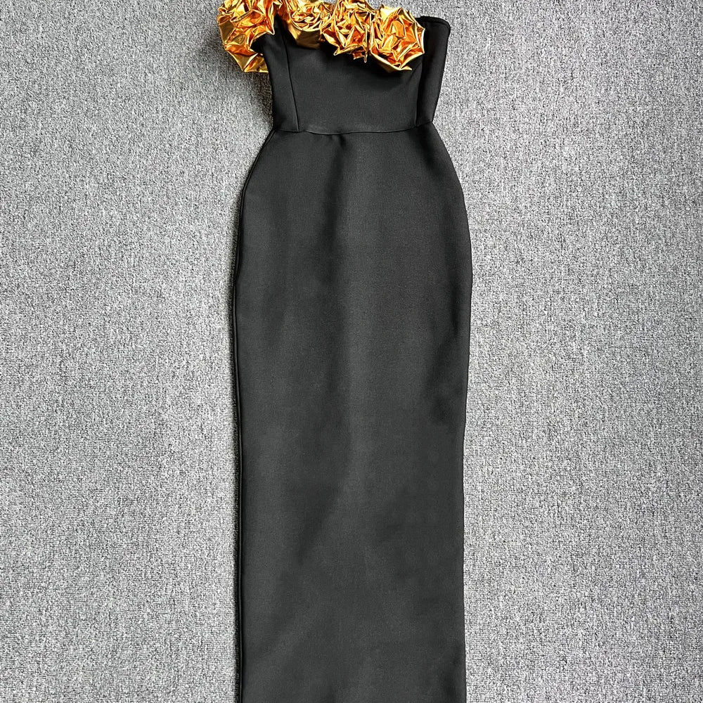 Celebrity Red Carpet Dress Gold Florals Women Sexy Strapless Off the Shoulder Bodycon Bandage Long Dress Nightclub Party Vestido