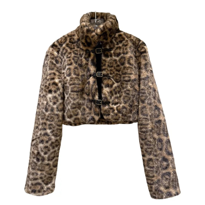 Winter New Fashionable Leopard Print Buckle Belt Fur Short Coat For Women High Street Warm Jacket Female 11A07955