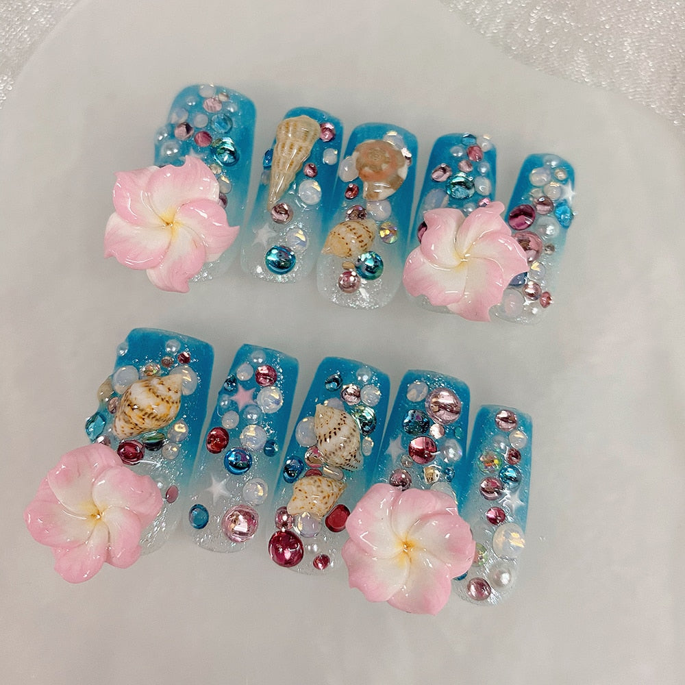 Summer Beach Travel Holiday Hello Kitty Conch Nails Girl Blue Youth Handwork Customizable Fake Nails Daughter Sister Gift 7