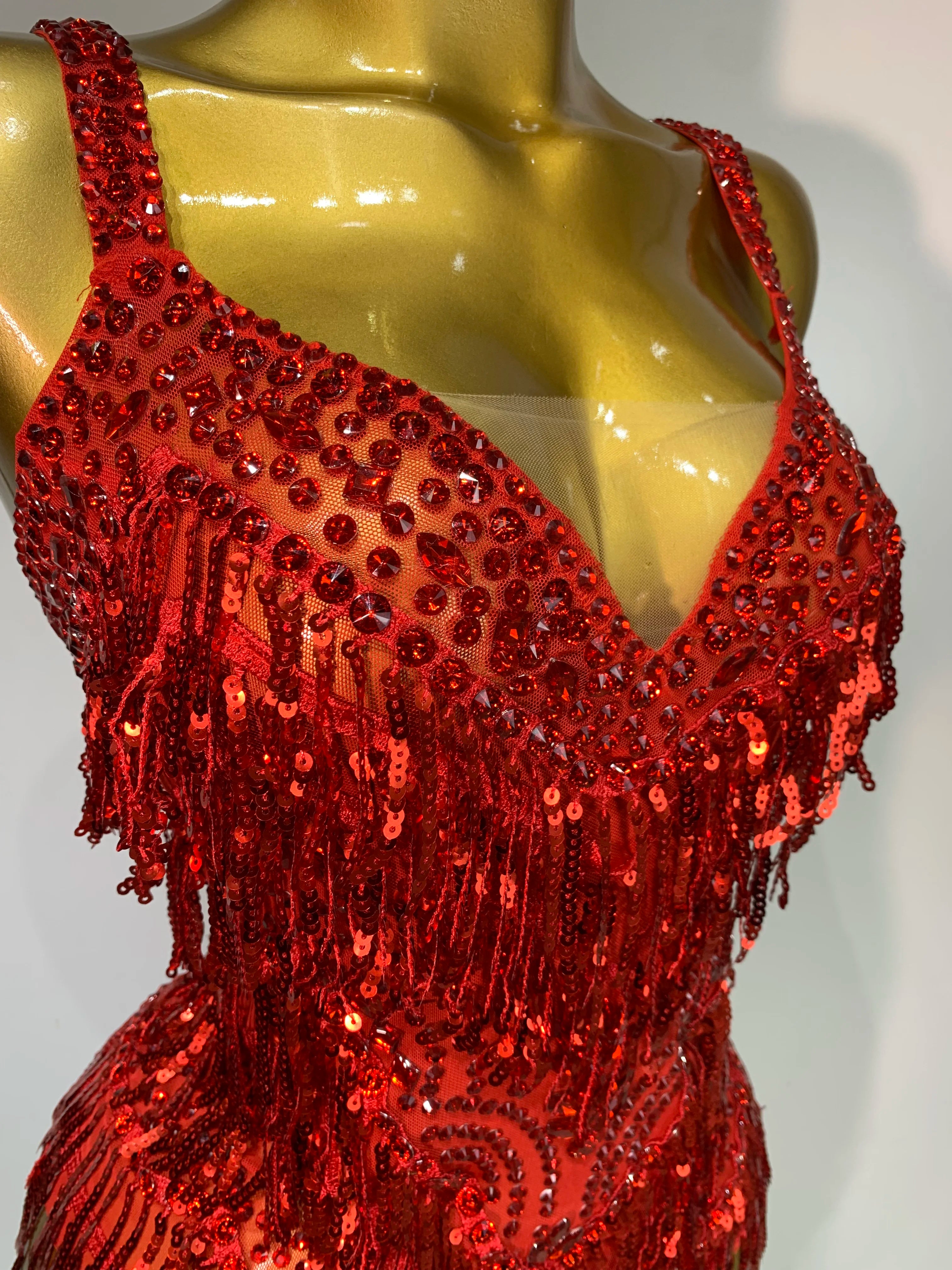Sparkly Rhinestone Tassel Sexy Backless Mesh Bodysuit Women Luxury Birthday Party Nightclub Bar Dencer Stage performance Costume