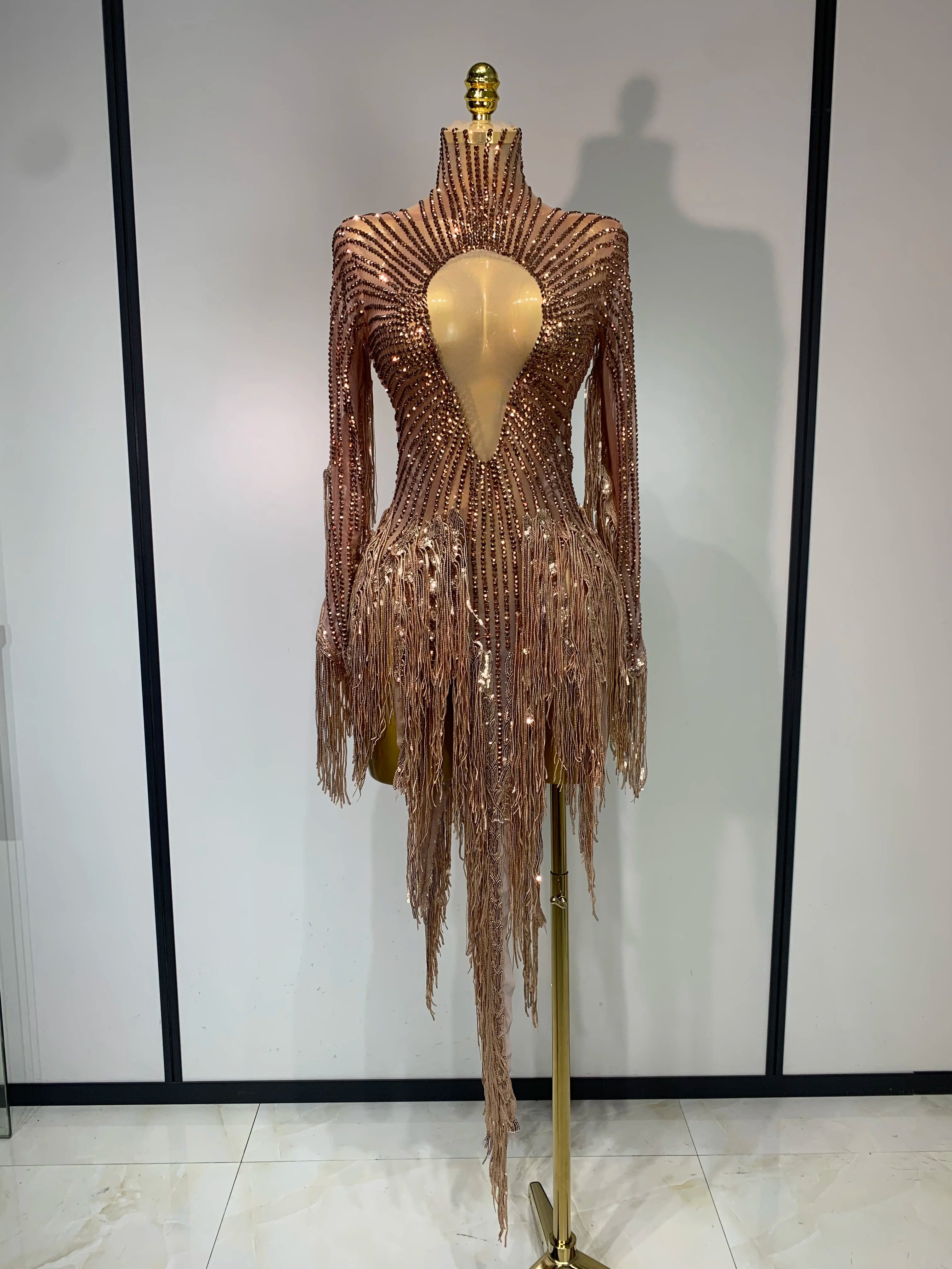 Women Sexy Long Sleeve Tassel Diamond Dress Luxury Birthday Evening Party Costume Nightclub Celebrity Stage Performance Outfit Gold