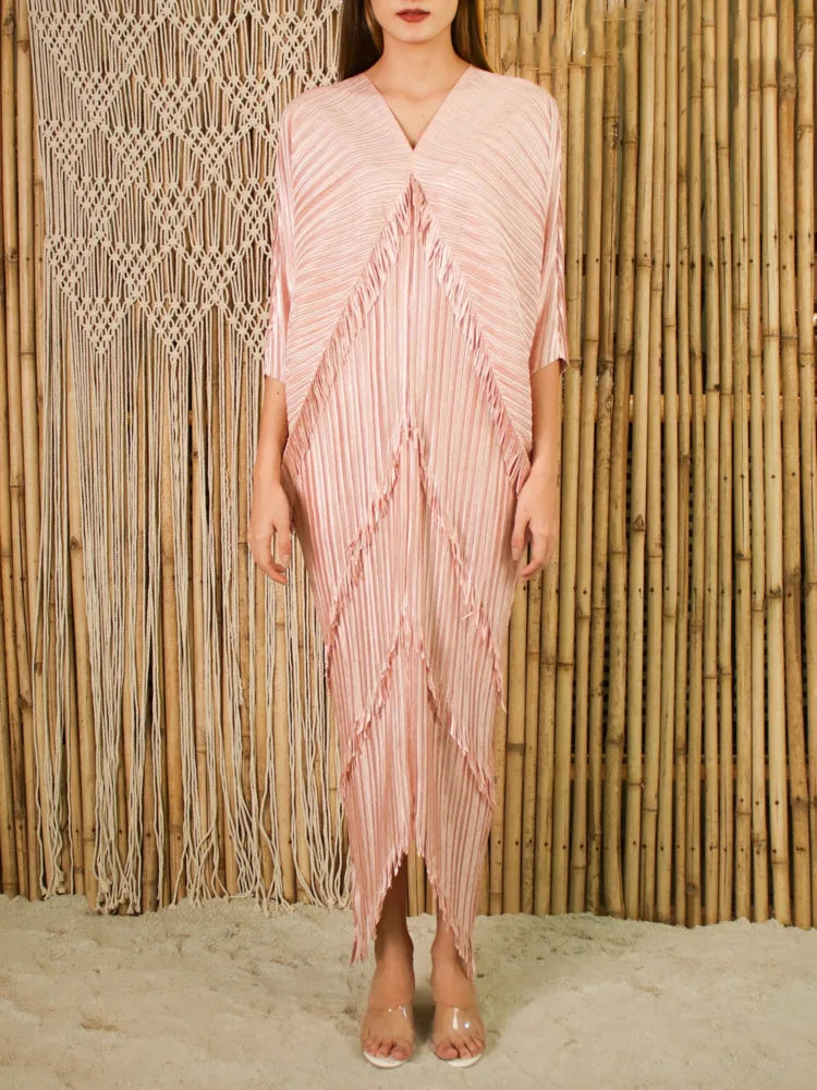 Miyake Tassel Pleated Batwing Sleeve Dress Women Spring Autumn New V-neck Casual Loose Solid Color Evening Dresses Female