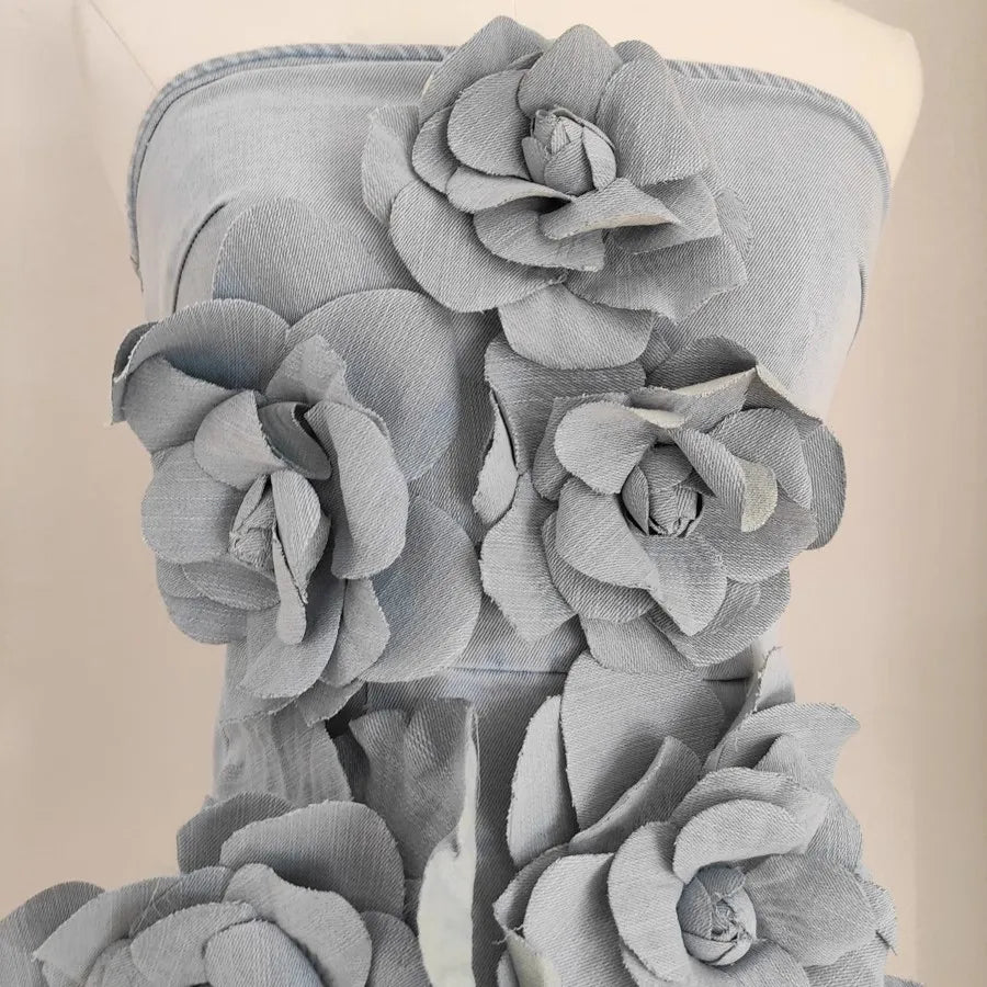 French Elegant Solid 3D Appliques Flower Patchwork Slimming Dress For Women Slash Neck Sleeveless Tunic Vestidos Female Clothing