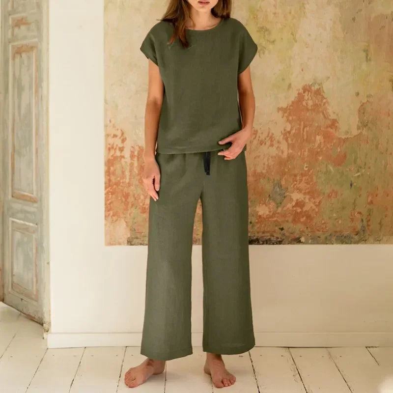 2024 New Matching Series Plus Size Women's Clothing Set Fashion Cotton and Hemp Short Sleeved Shirt Wide Leg Pants Two Piece Set ArmyGreen