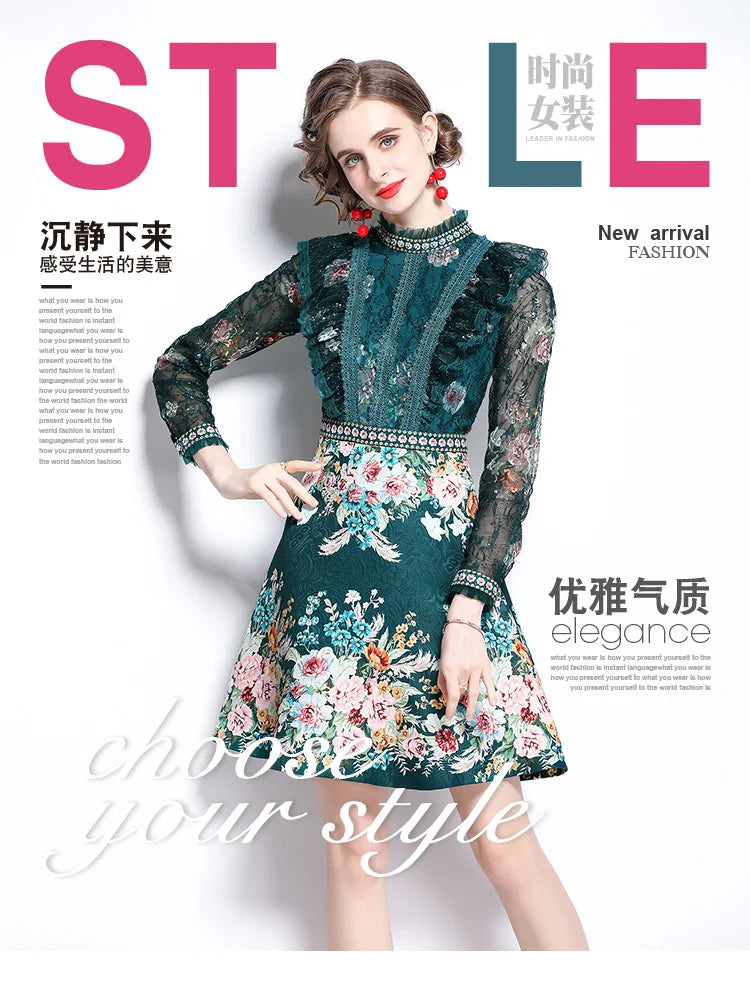 Spring Fashion Runway Flower Jacquard Dress Women's Beading Stand Long Sleeve Ruffles Lace Stitching Vintage Party Vestidos Dark Green