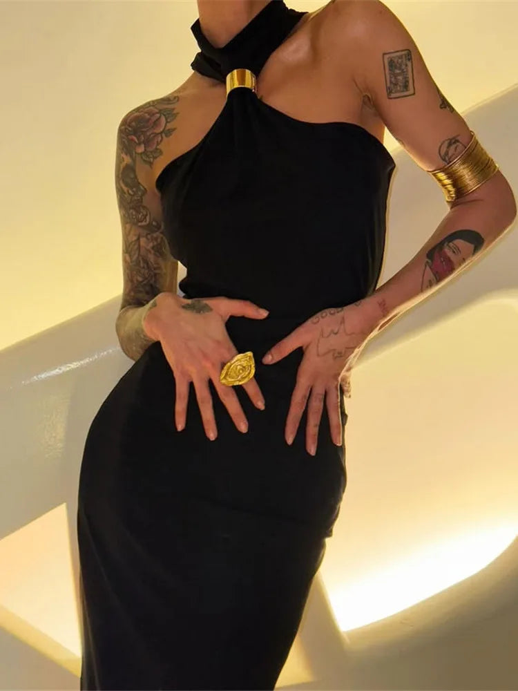 Mozision Turtleneck Off-shoulder Sexy Knit Maxi Dress For Women Gown Metal Buckle Strapless Sleeveless High Waist Knitted Dress