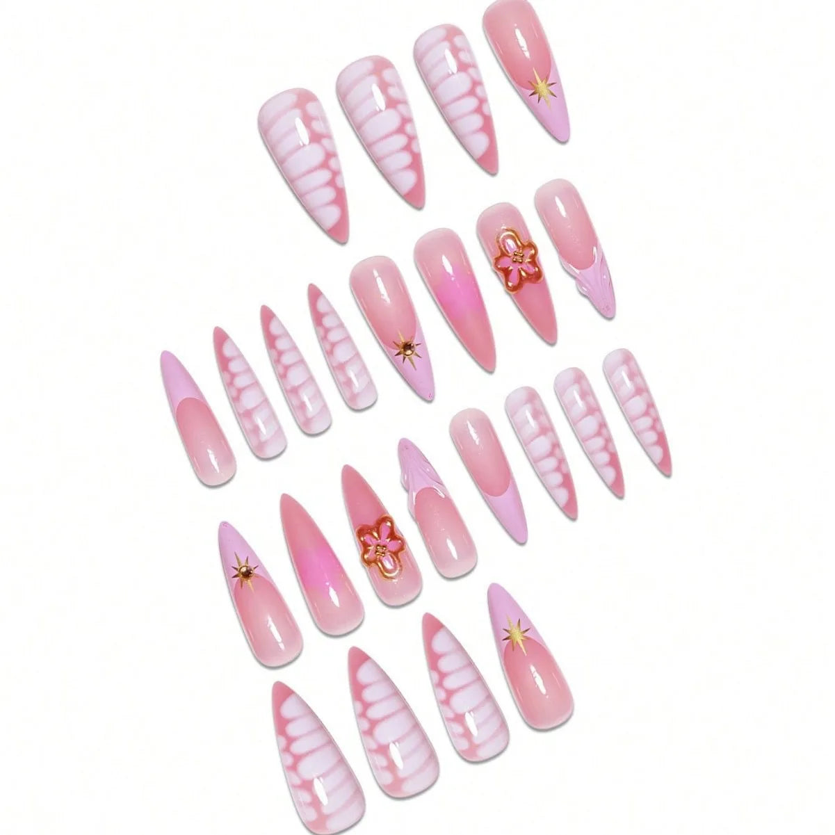 24pcs Pink French Press on Nails Spice Girl 3d Flowers Decor False Nails Wearable Reusable Crocodile Print Almond Fake Nail Tips