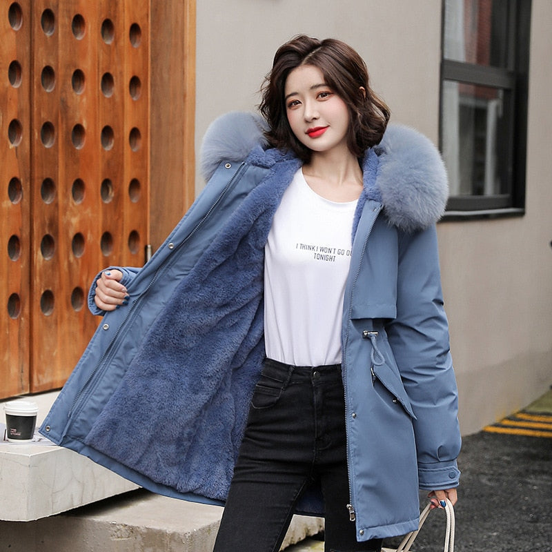 Women Parka Fashion Long Coat Wool Liner Hooded Parkas 2022 New Winter Jacket Slim with Fur Collar Warm Snow Wear Padded Clothes Blue