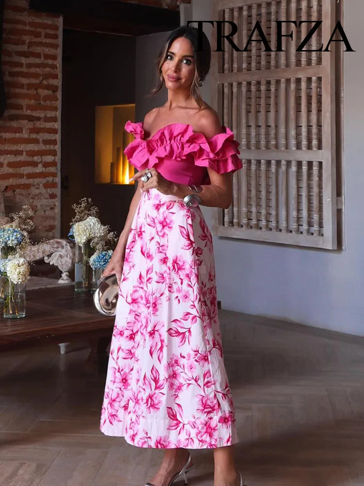 TRAFZA Women Fashion Chic High Waist Long Skirt Woman Vintage Floral Print Back Zipper Folds Decorate Slim Casual Skirt Y2K