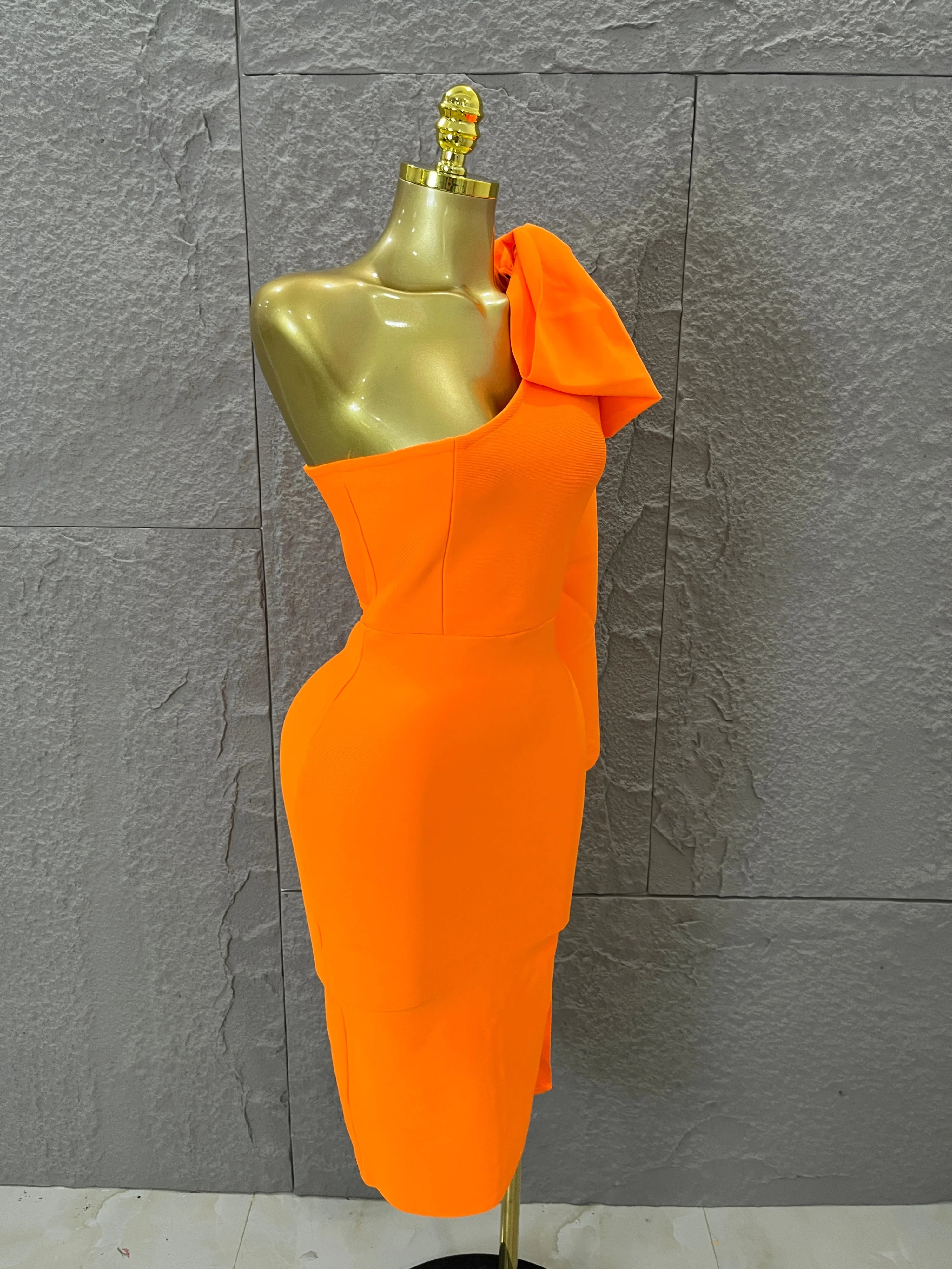 Vibrant Orange Single Sleeve Bow Shoulder Bandage Dress Slim Fit Midi Evening Birthday Nightclub Banquet Formal Dinner Outfit