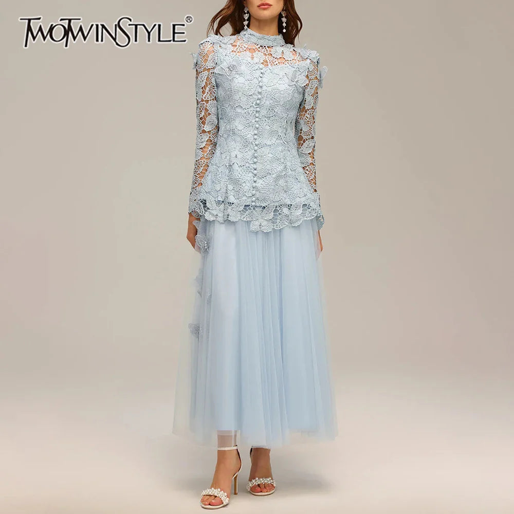 Solid Two Piece Sets for Women Stand Collar Long Sleeve Spliced Applique Top High Wasit Patchwork Mesh Skirt Female