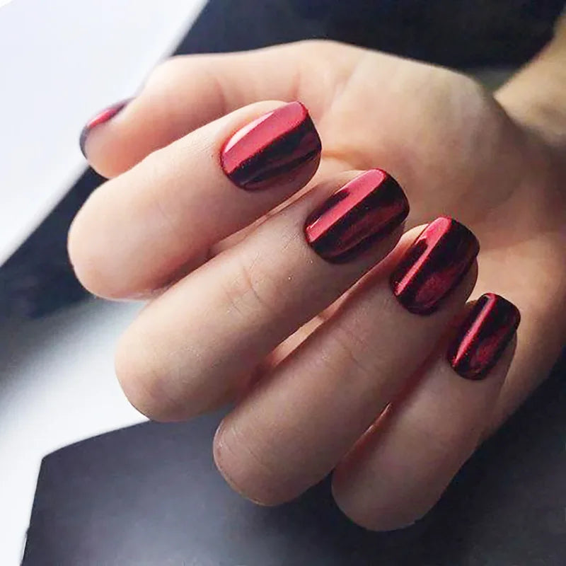 24pcs/set short fake nails metallic red black rose green blue silver golden square tips mirror effect press on false nail art Red