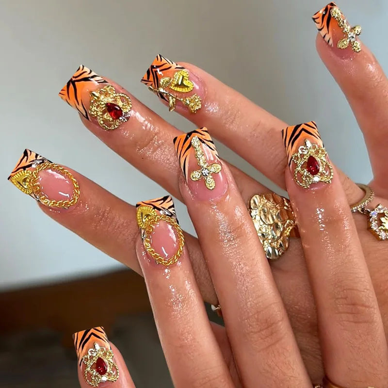 24Pcs Press on Fake Nails Zebra Stripes Short Square Head Crucifixion French False Nails Wearable Manicure Tips Acrylic Nail Art 1