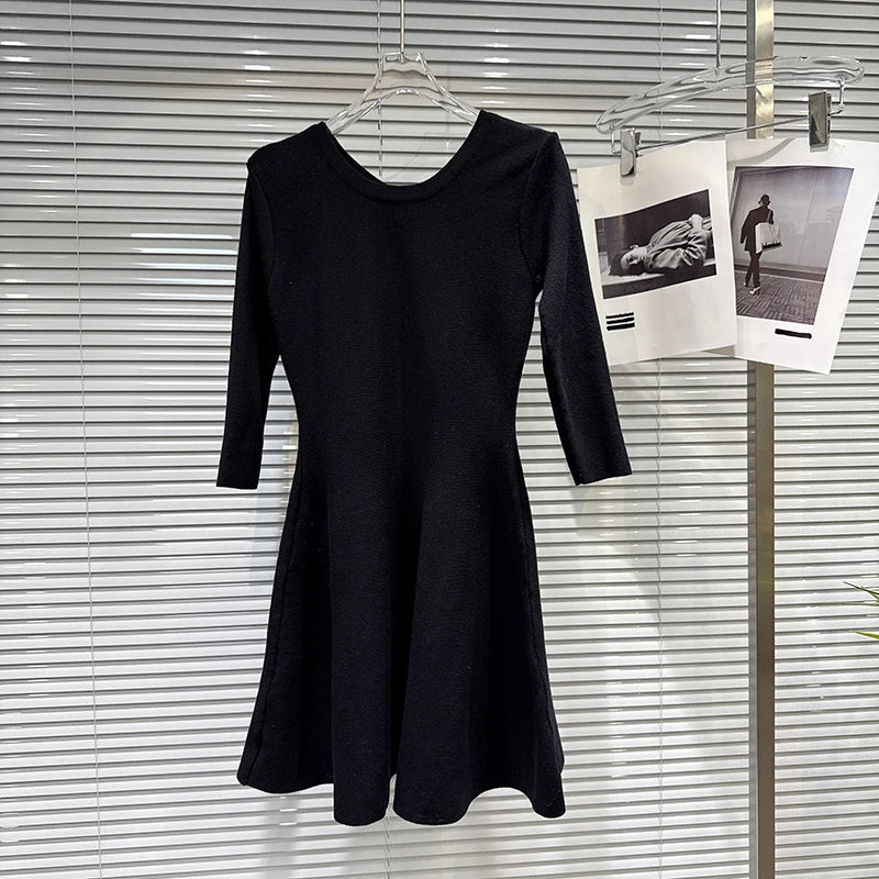 Winter New Elegant Fashion Back Rhinestone Tie Waist Design Knitted Dress For Women Slim Fit Black Dresses 11A07899