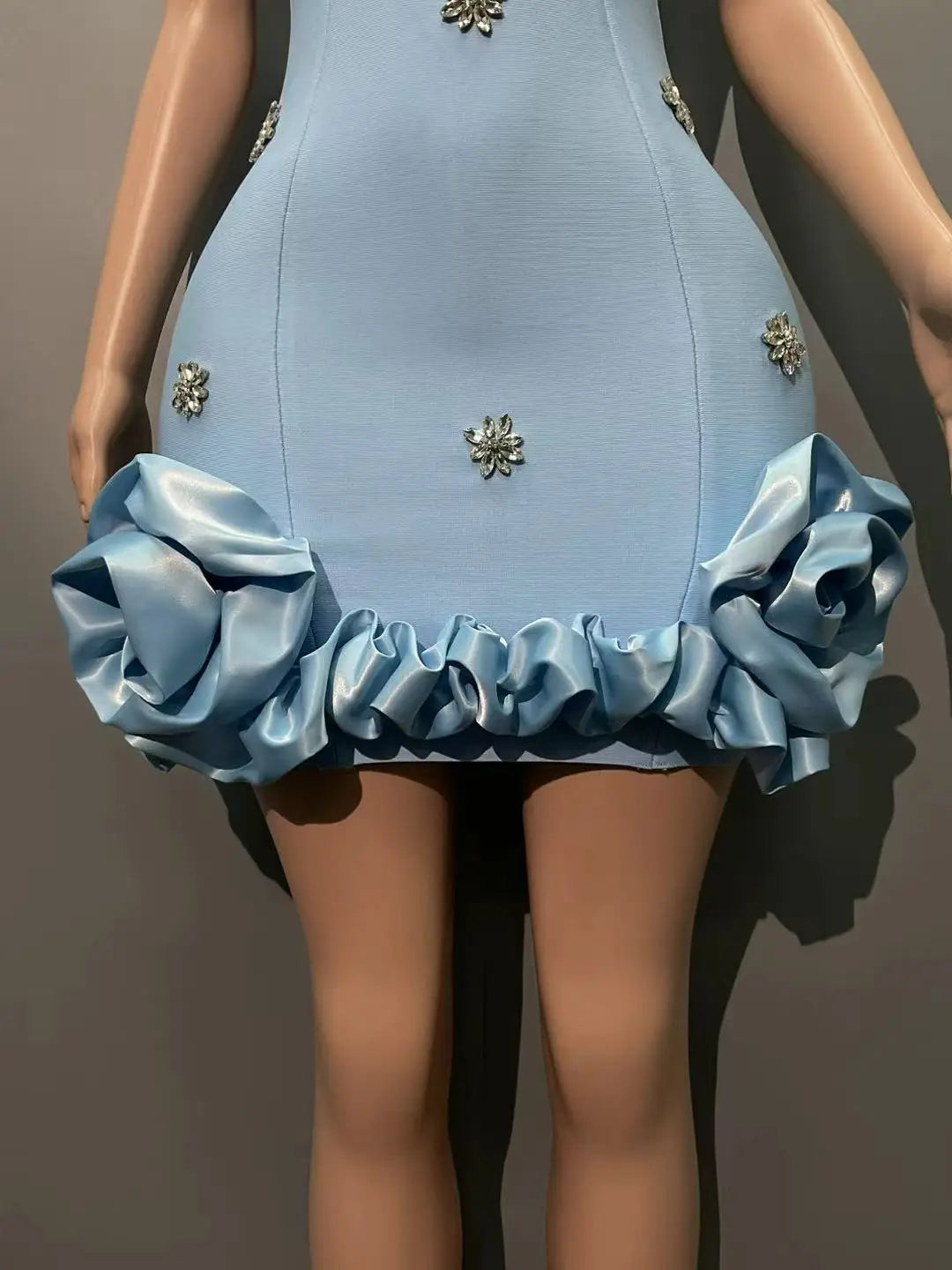 New STyle Skyblue Women Sleeveless Big O-Neck Bodycon Mini Bandage Dress Ruffles Cute Birthday Party Celebrate Dress