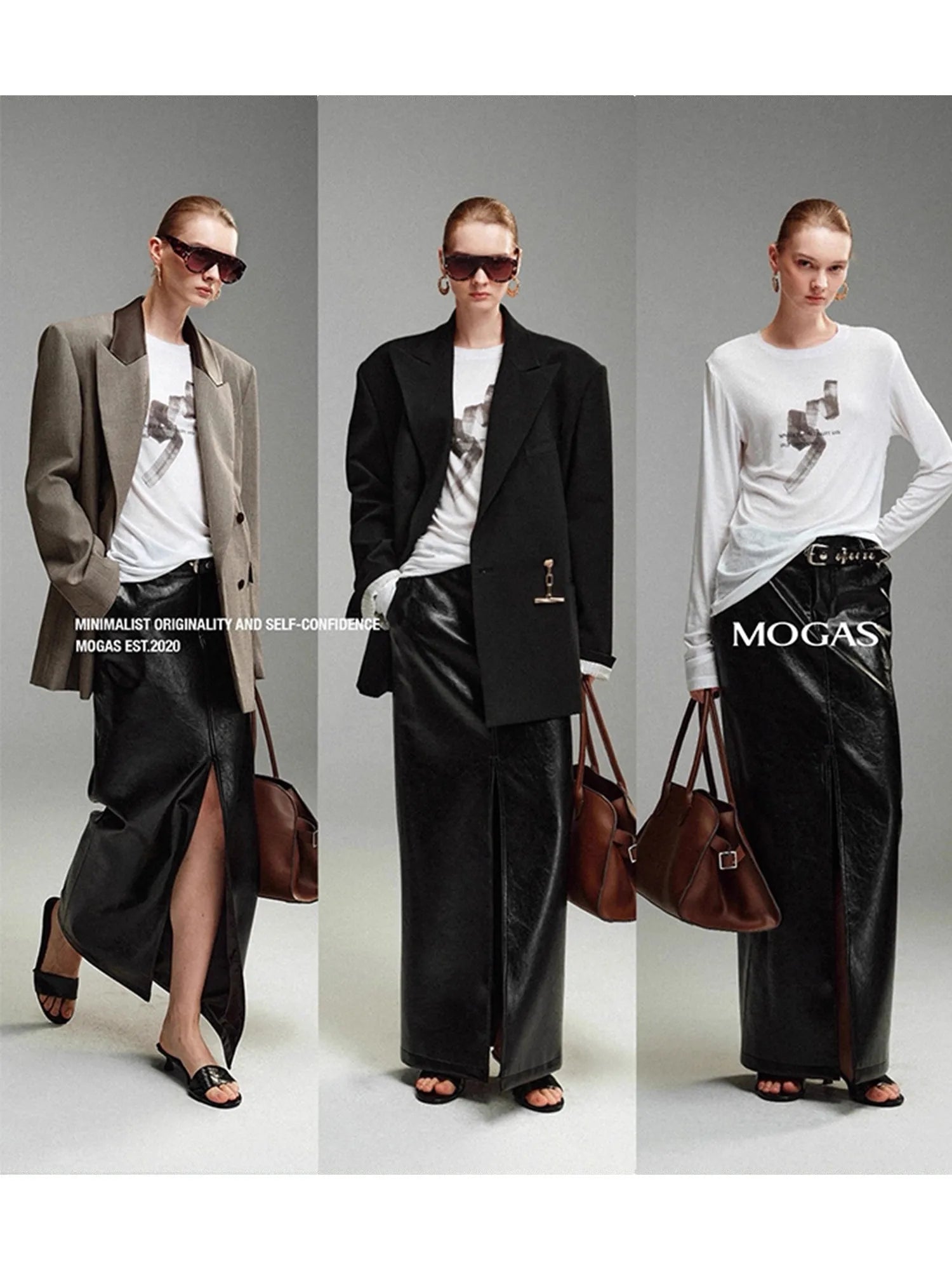 Lautaro Spring Autumn Shiny Black Pu Leather Maxi Skirt Women with Front Slit High Waist Extra Long Luxury Designer Clothes 2025