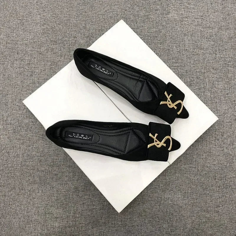 New Korean Version of Metal Buckle Design Suede Shallow Mouth Pointed Flat/Thick/low Heels Bottom Black Luxury Shoes Women
