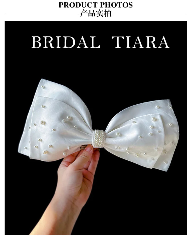 New white bow Beaded Bridal hair decoration wedding brides clips hairpin hair accessories Rhodium Plated WHITE