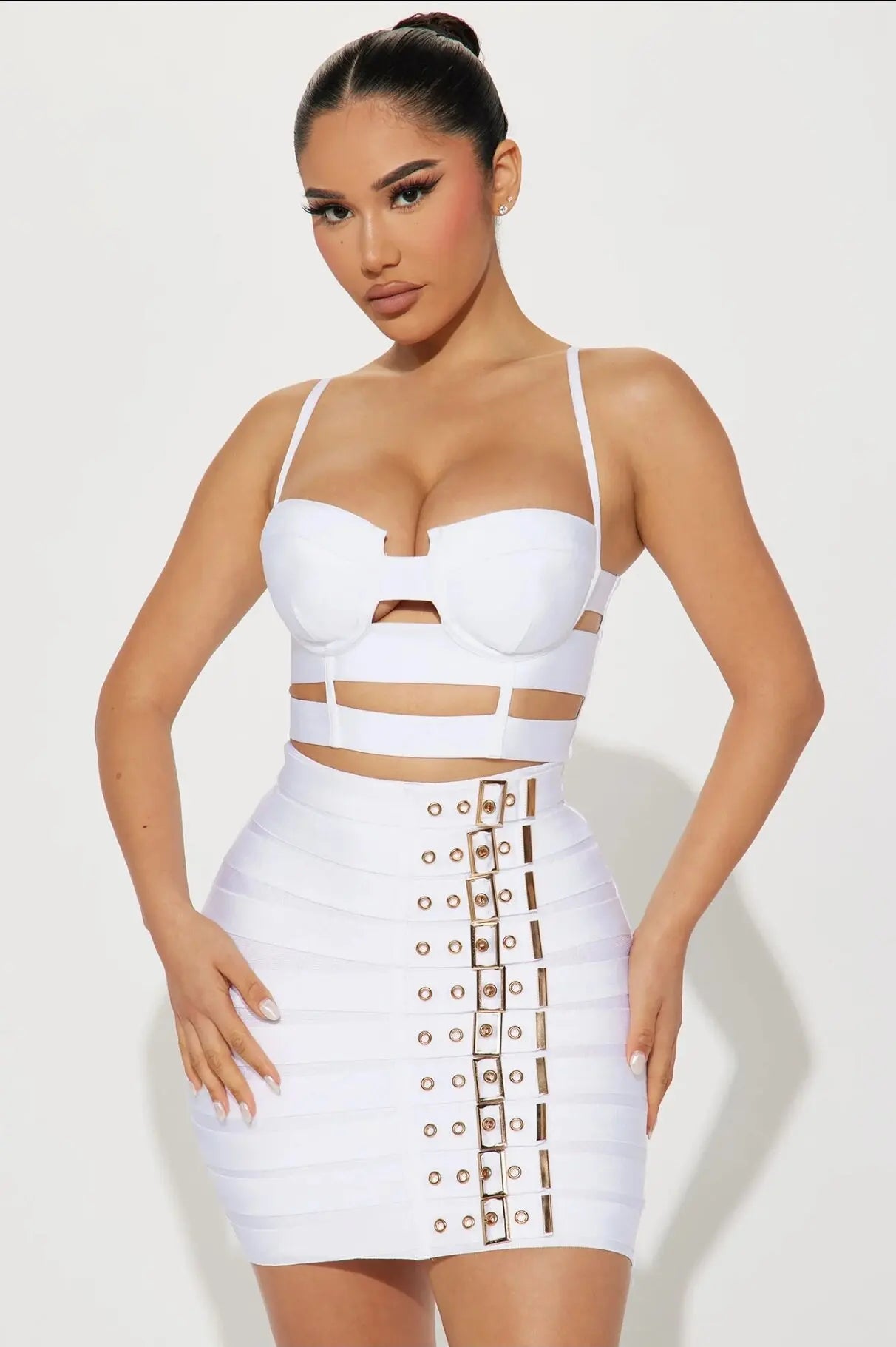 2024 Women Sexy Bandage Tops Fashion Pencil Skirts Set Nightclub Party Celebrate Women's Set High Quality WHITE