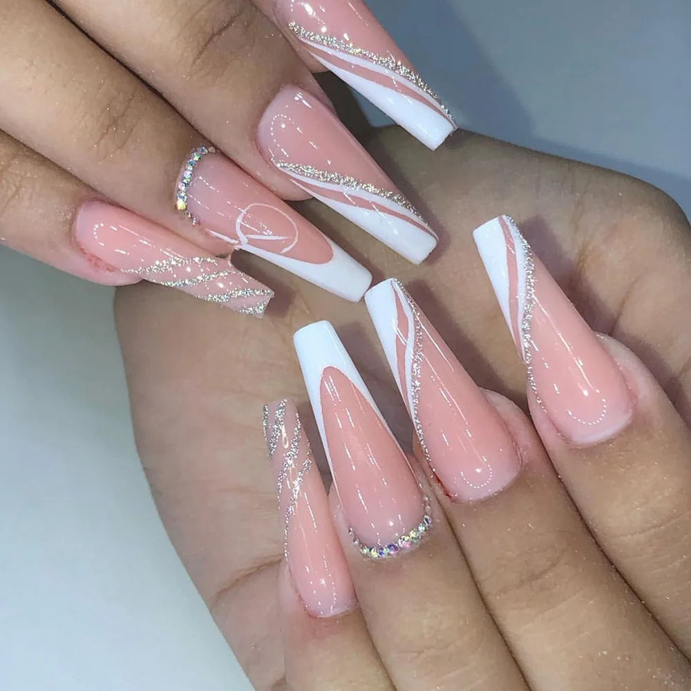 24Pcs Long Ballet False Nails with Butterfly Rhinestone Design Coffin French Fake Nails Purple Press on Nails Wearable Nail Art 164