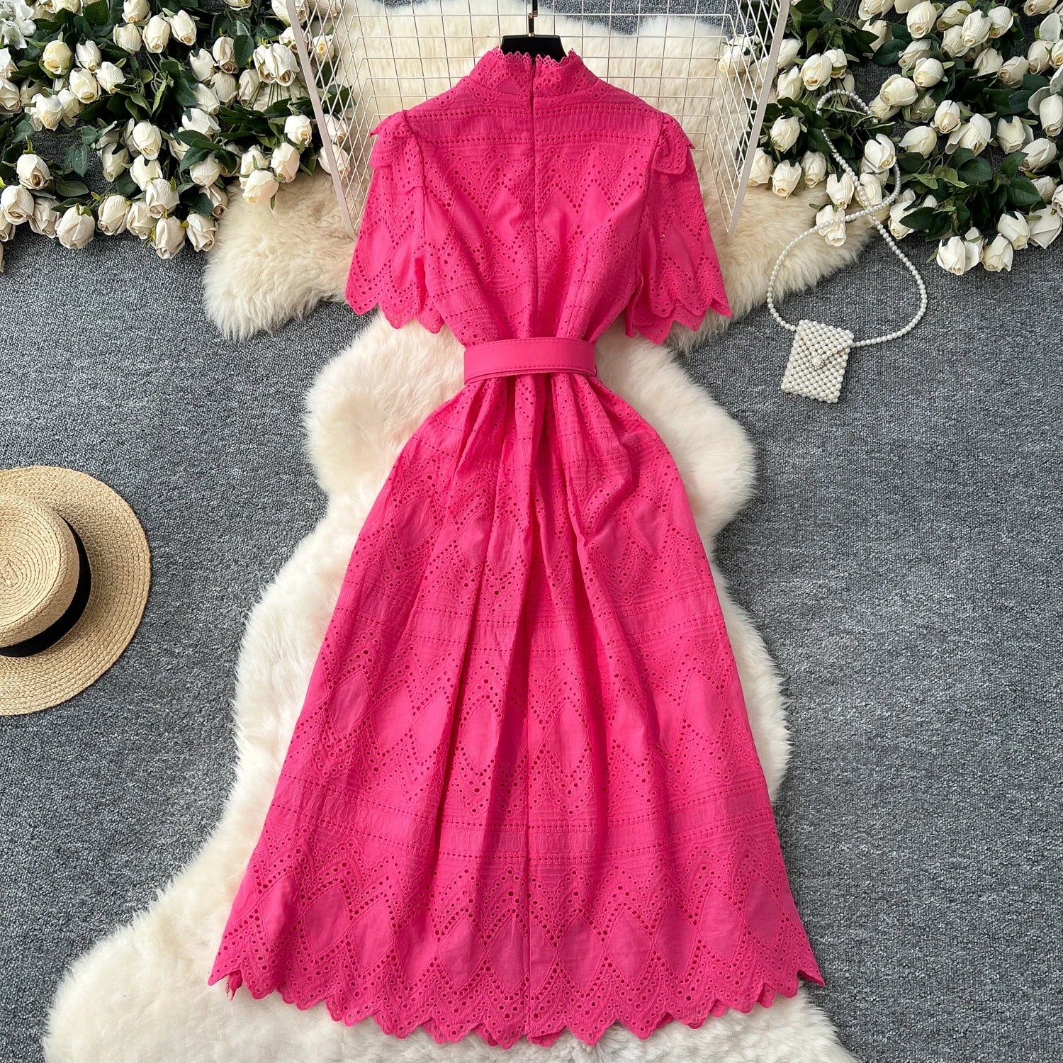 French Vintage O-neck sashes Hook flower hollow Short Sleeves Single Breasted Dress A-line Casual Women Fashion women clothing