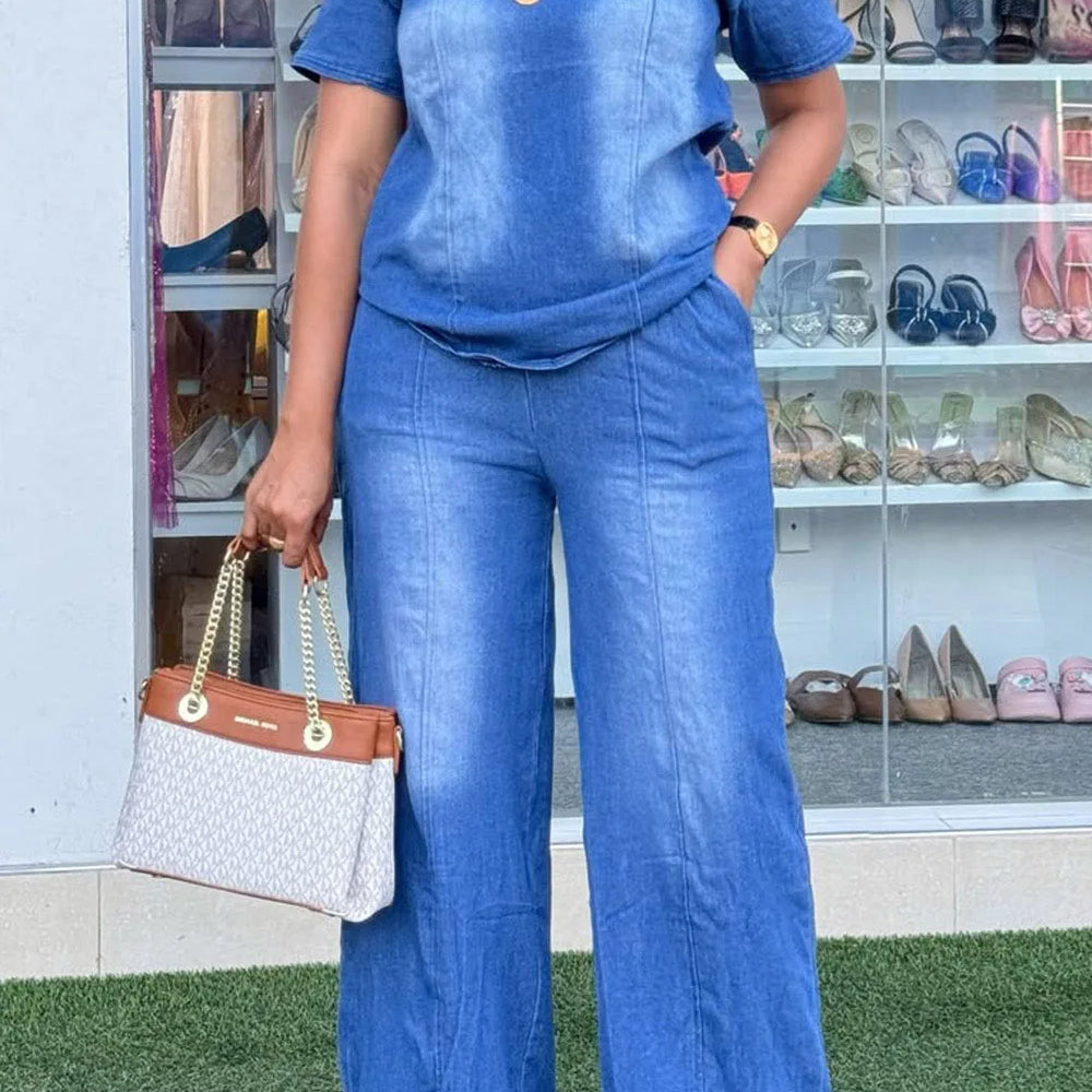 Plus Size Vacation Blue Casual Round Neck Short Sleeve Pocket Tencel Denim Two Piece Pant Sets Blue