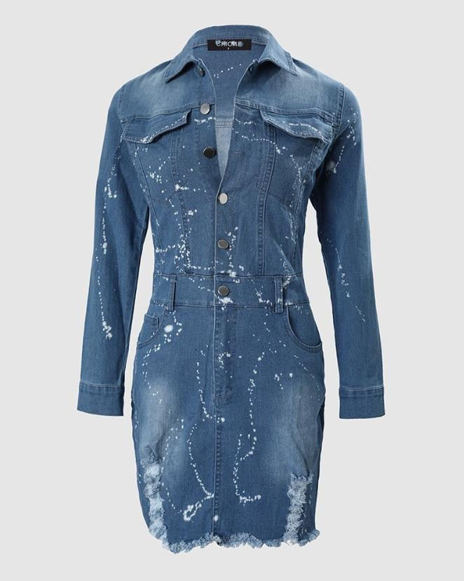 Women's Dresses 2024 Spring Fashion Ink Splash Ripped Raw Hem Button Front Casual Turn-Down Collar Long Sleeve Mini Denim Dress