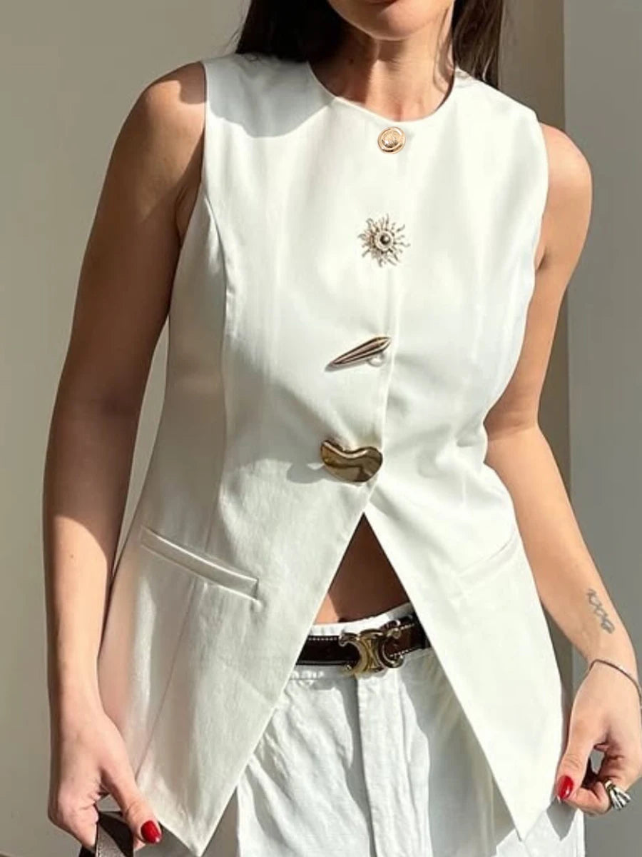 Solid Slimming Split Vests for Women Round Neck Sleeveless Patchwork Irregular Button Fashion Vest Female Clothing