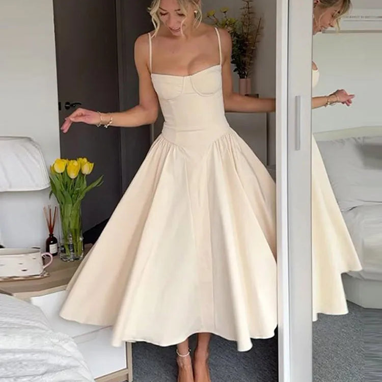 Women Sexy Solid Sling Midi Dress Fashion Sleeveless Backless Pleated Hem Dresses Summer Female Party Evening A-line Robes