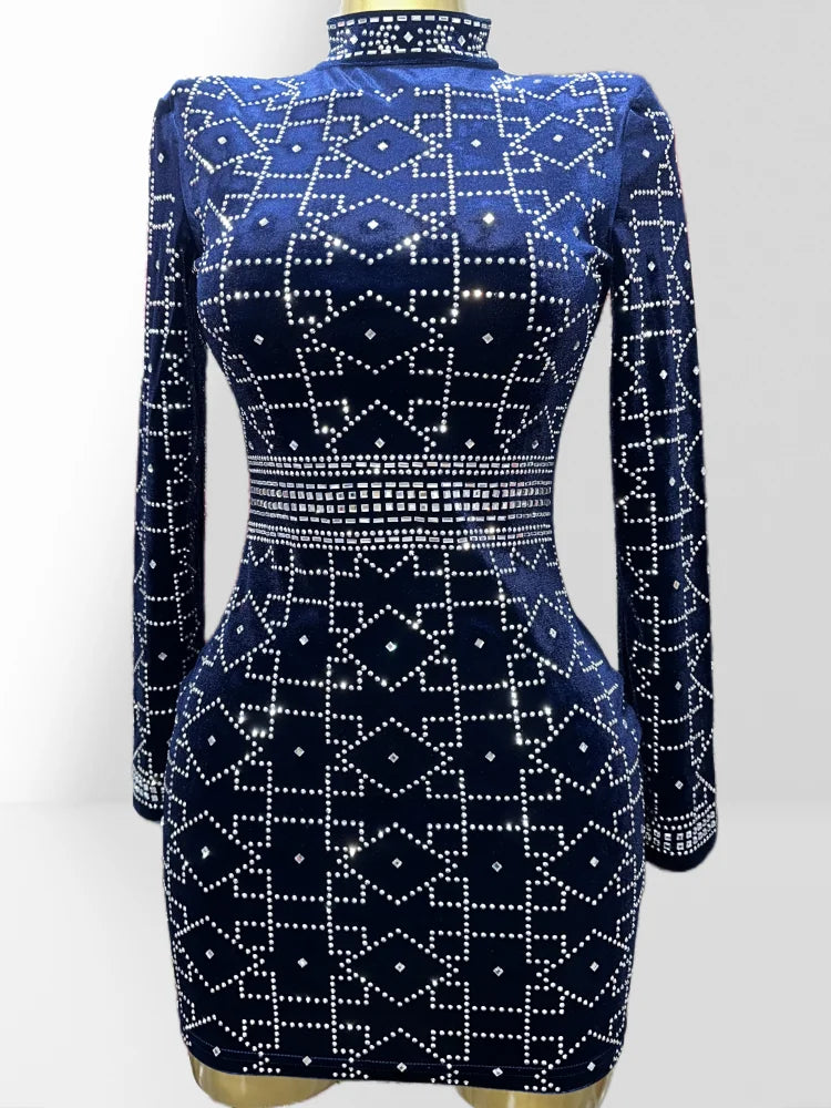2025 New Dark Blue Velvet Luxury Diamonds O-neck Tuck Waist Mini Dress Fashion Woman Party Dress Celebration Birthday Vestido
