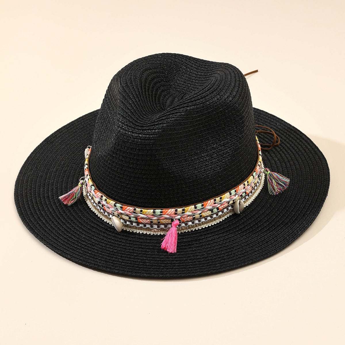 Wholesale Women Pink Tassel Cowboy Hat Floppy Beach Hats Summer Straw Hats Ladies UV Protection Hat Panama Sun Hat black 1