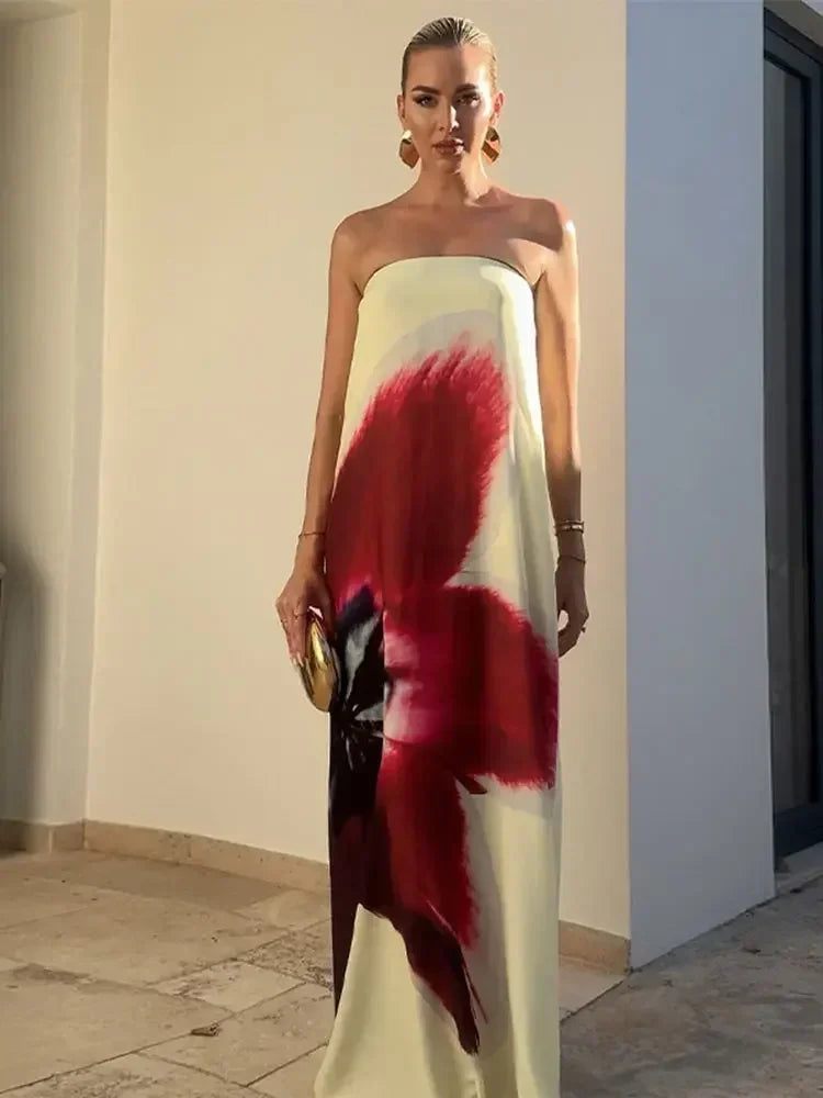 2025 New Floral Printed Strapless Loose Robes Women Sexy Off Shoulder Sleeveless Backless Maxi Dress Fashion Lady Party Vestidos Red