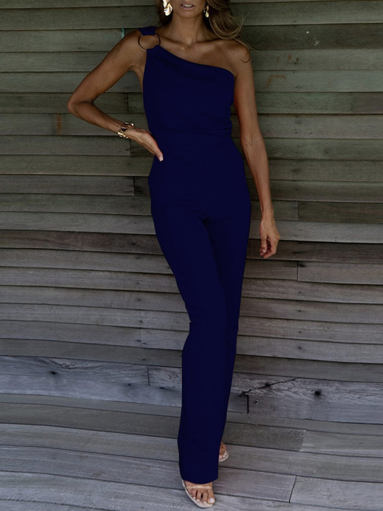 Sexy Backless Sleeveless Jumpsuit Summer Women Elegant Diagonal Collar One Shoulder Playsuits Fashion Solid Slim Ladies Rompers 03 Dark Blue