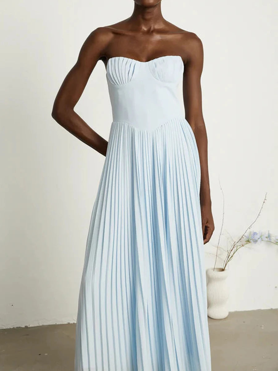 Solid Slimming Elegant Midi Dresses for Women Strapless Sleeveless Patchwork Fold Dress Female Temperament Clothing