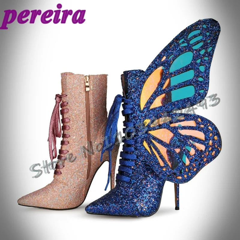 Colorful Butterfly-Wings Boots Laser Pointed Toe Botas Mid-Calf Shoes Side Zippers Zapatos De Mujer Lace Up Thin High Heel Shoe