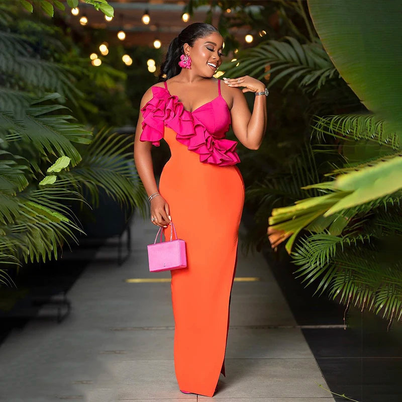 2023 New Fashion Orange Color Women Sleeveless Sexy V-Neck Ruffles Bodycon Mid-calf Bandage Dress Birthday Celebrate Party Dress