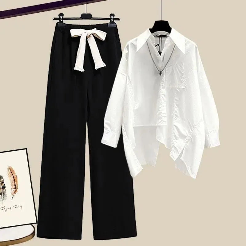 Two Piece Set for Women Shirt + Wide Leg Pant Sets Long Sleeve Korean Outfit Button Tracksuit 2024 Patchwork Fashion Autumn Suit white