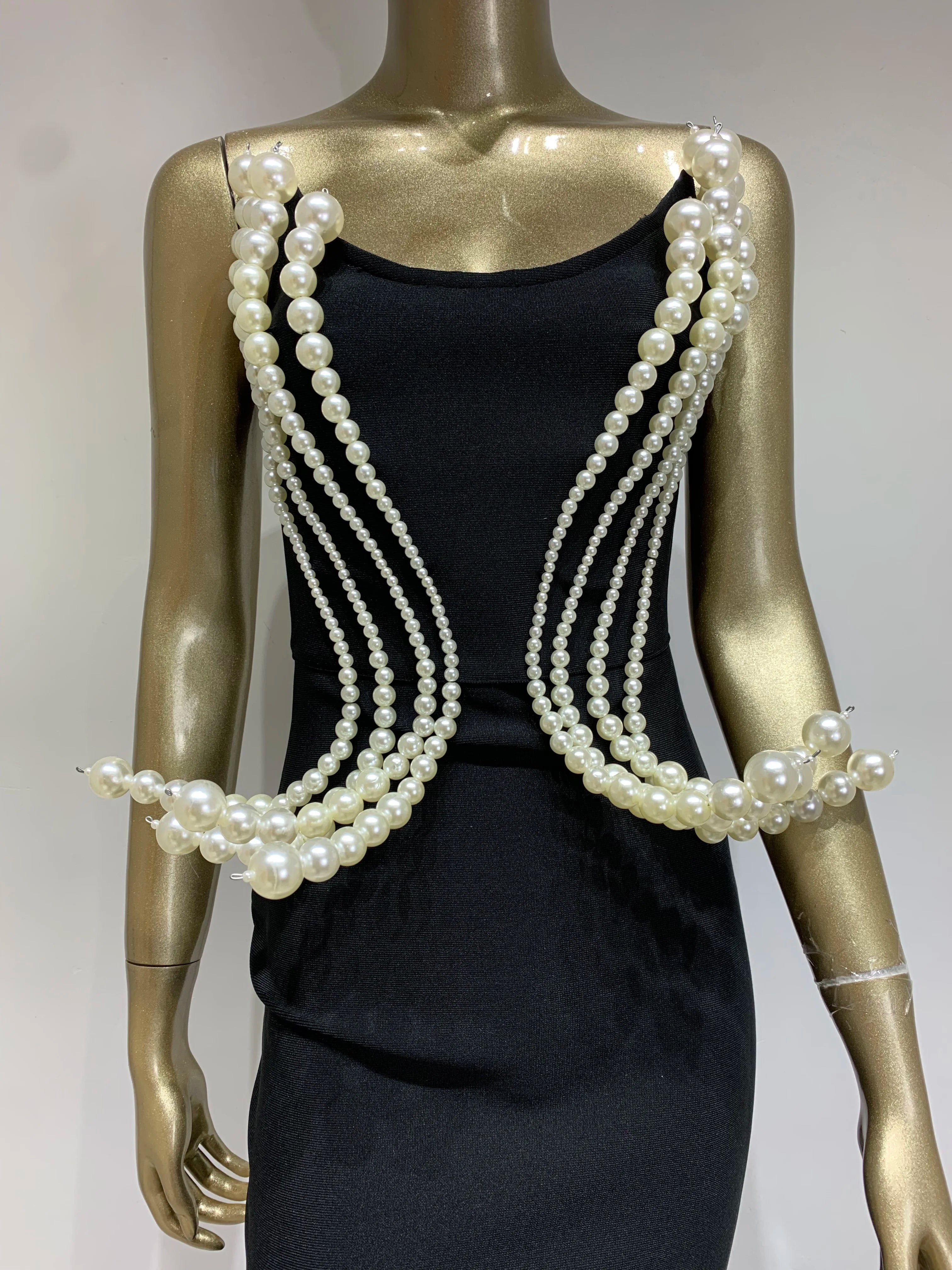 Women Celebrity Sexy Backless Strapless Black Pearl Maxi Long Bandage Bodycon Dress 2025 Elegant Evening Club Party Outfit