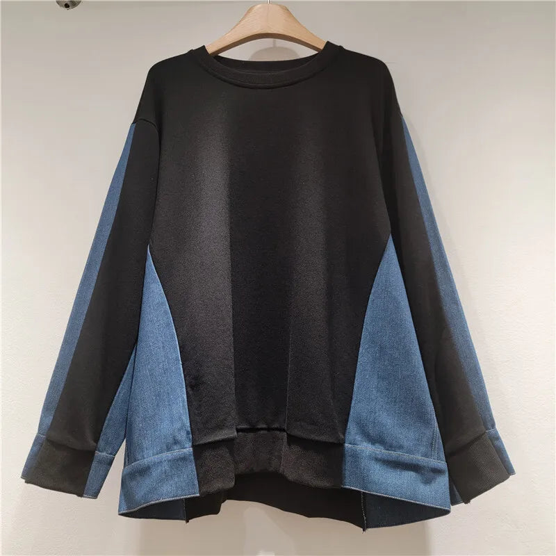 Autumn Winter New Fashion Denim Patchwork Round Neck Long Sleeve T-Shirt For Women Loose Casual Sweatshirt 11A07719 Black One Size