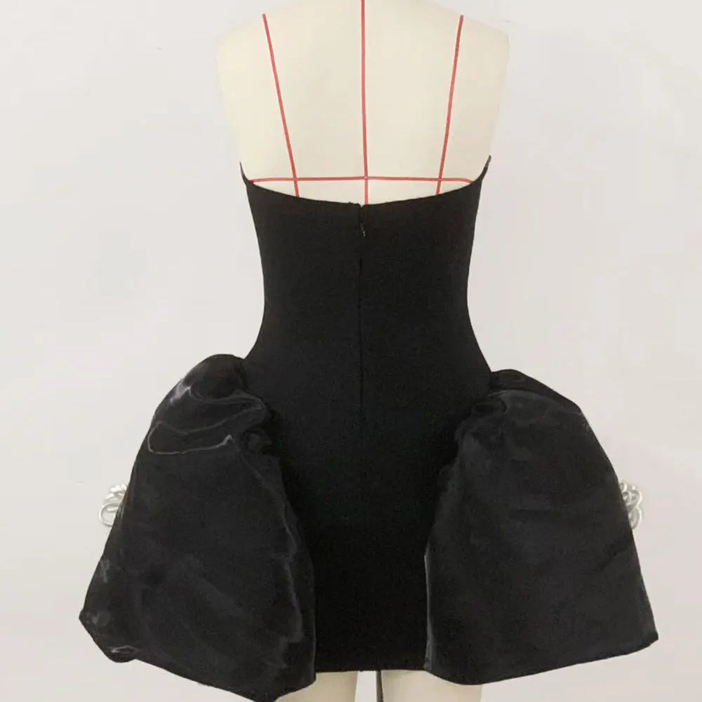 2024 Sexy Women's 3D Flower Decorative Puff Dress Strapless Sleeveless Backless A-line Mini Dress Cocktail Evening Party Vestido