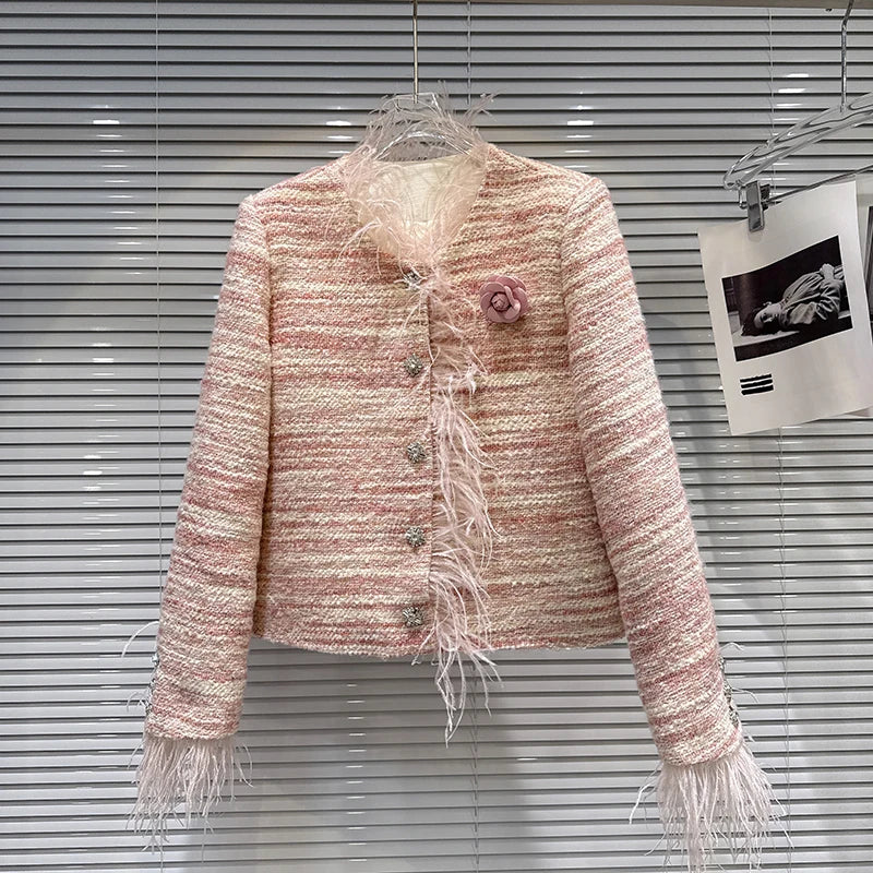 Winter New Fashion Style Ostrich Feather Edge Woven Tweed Cotton Liner Short Coat For Women Versatile Jacket 11A07865 Pink