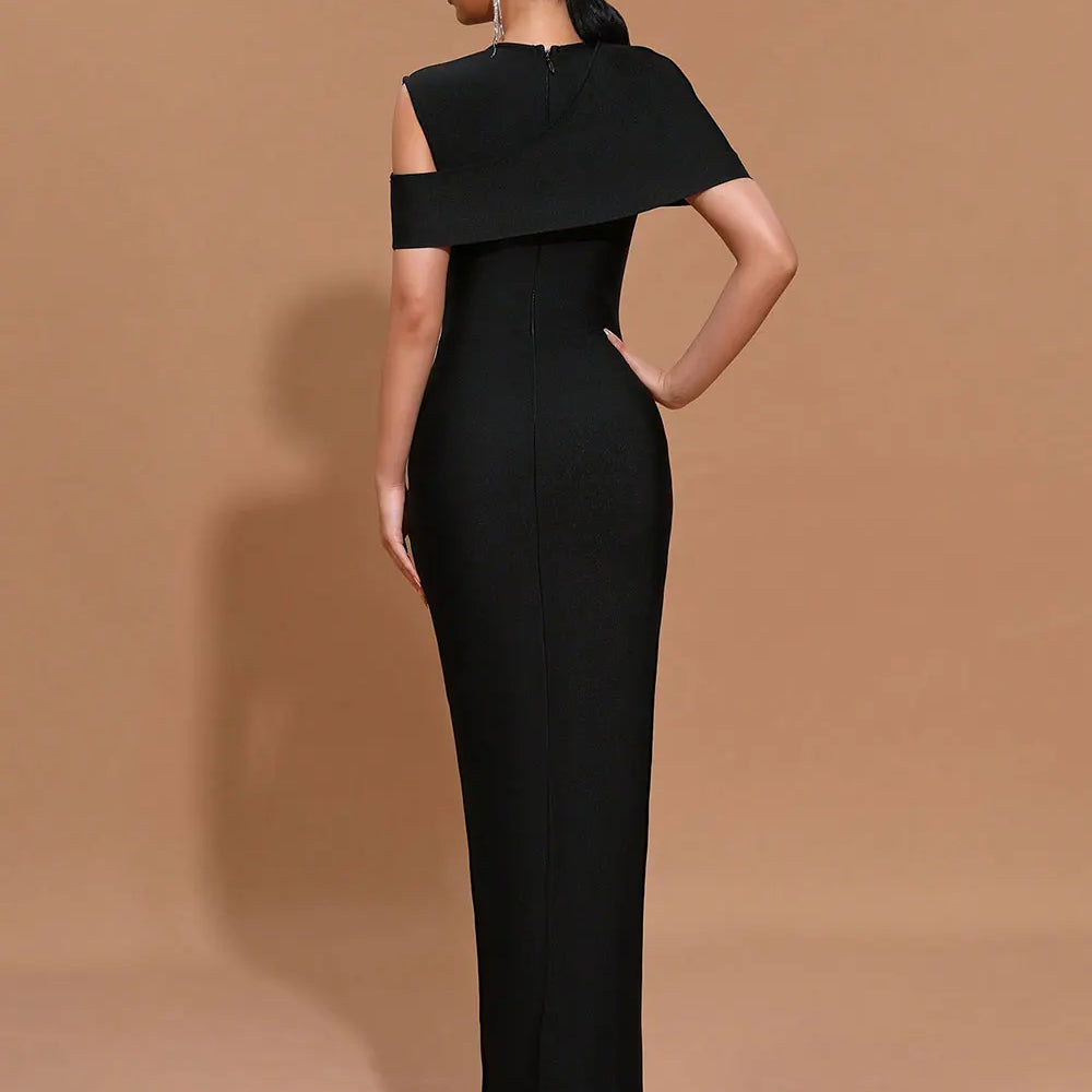 2025 Elegant Women Light Luxury Hot Diamond Flower Design Bandage Dress O-Neck Shoulder Bodycon Long Dress Evening Party Vestido