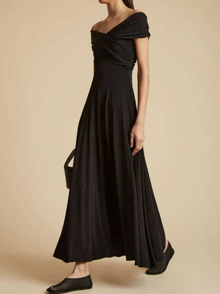 Solid Minimalist A Line Dresses For Women Slash Neck High Waist Patchwork Folds Slimming Dress Female Fashion New