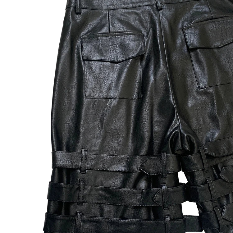 Nerazzurri Summer Autumn Black Faux Leather Shorts for Men with Many Belt Mens High Waist Short Straight Pants Emo Clothes 2025