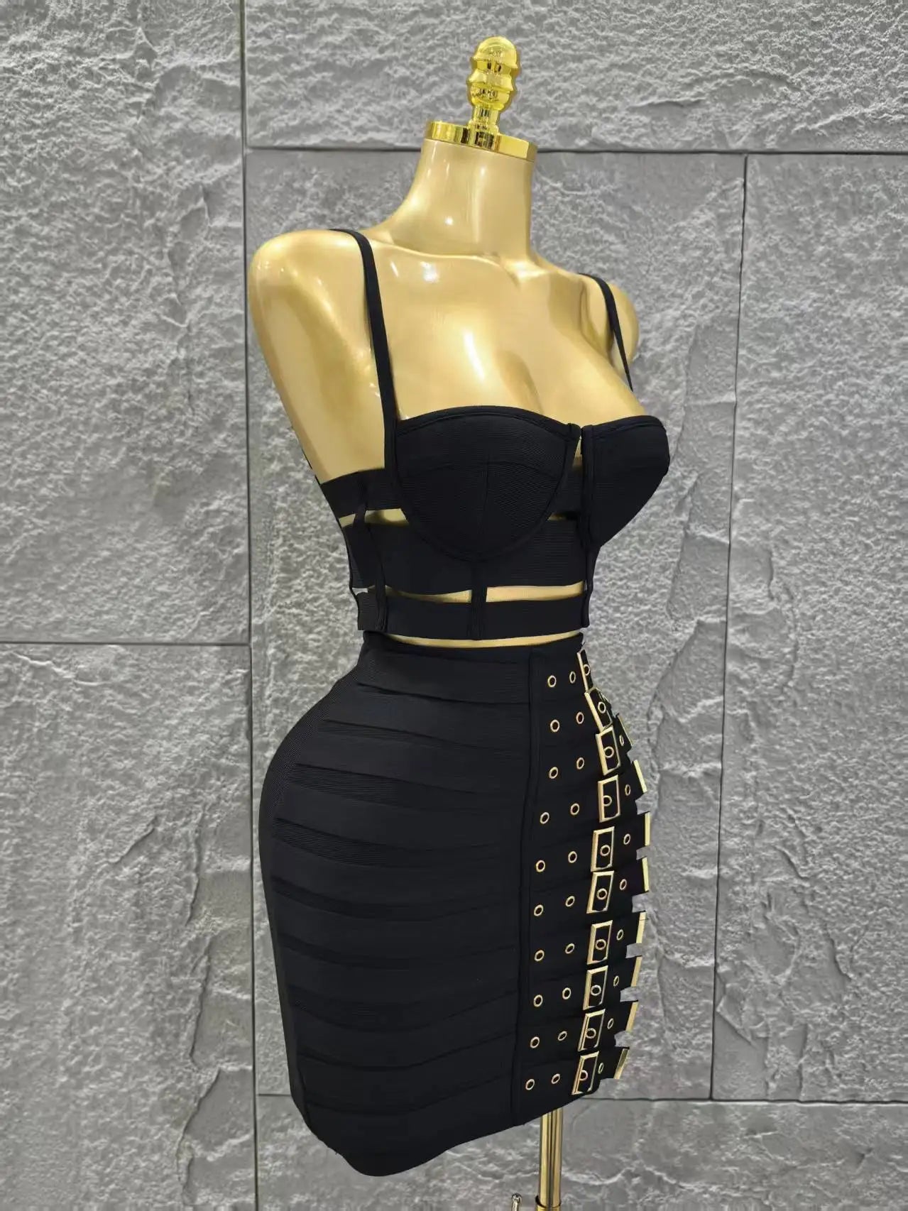 Black Color Women Sleeveless Sexy Strap 2 Pieces Bodycon Mini Bandage Dress Nightclub Party Birthday Fashion Outfit Vestido