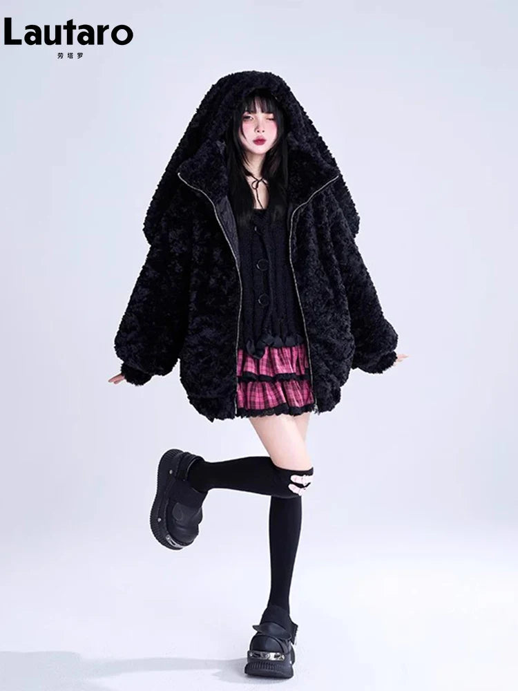 Autumn Winter Sweet Cute Lovely Warm Thick Soft Black Faux Fur Coat Women Bunny Ears Fuzzy Fluffy Jacket Hoodie 2023
